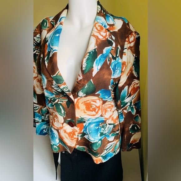 Zara Floral Short Blazer bright Orange & Blue Roses Pattern double collar US 10 - Picture 2 of 10